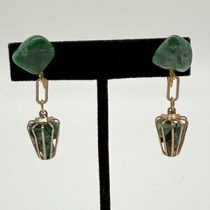 Vintage Gold-Tone Green Stone Clip-On Earrings With Dangling Cage Design